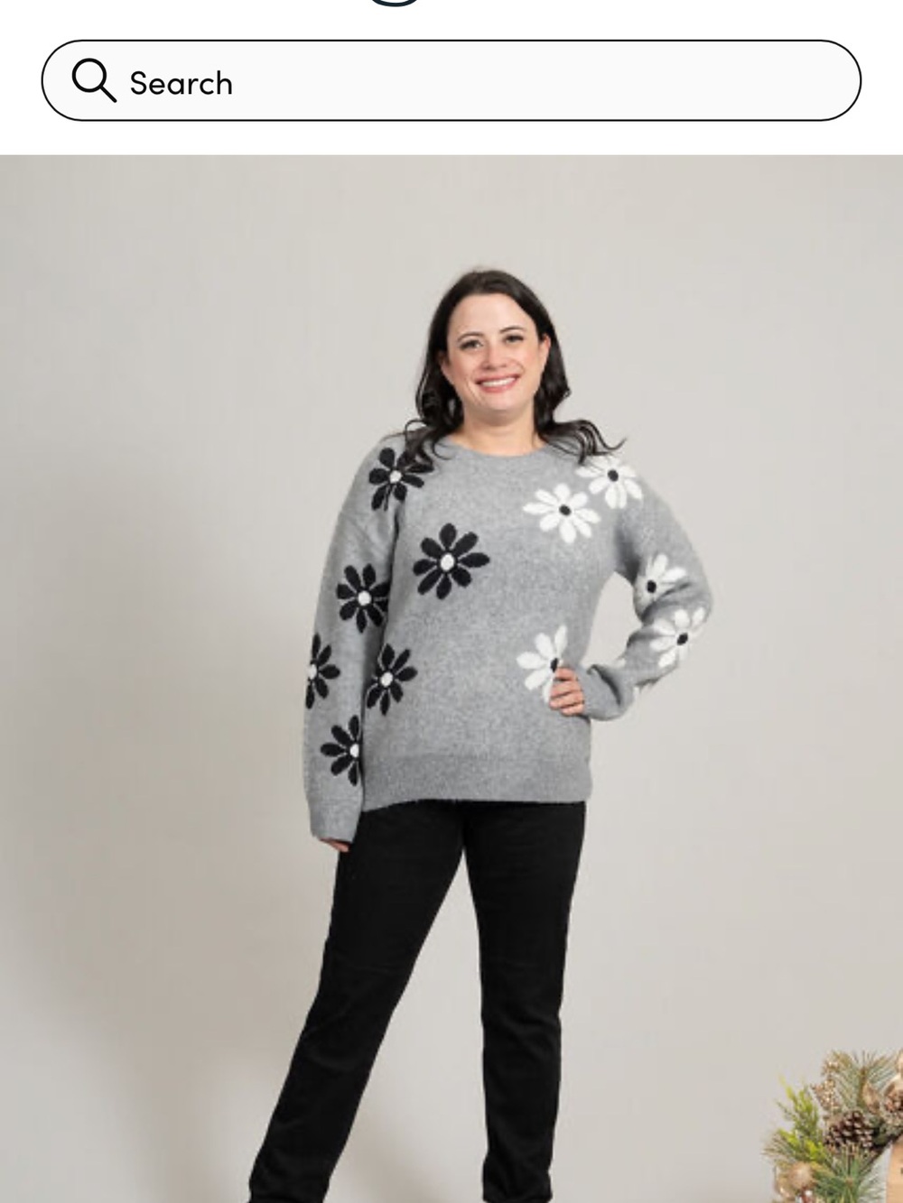 Papillon Gray Crewneck Sweater with Black & White Floral Pattern